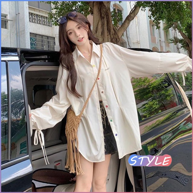STYLE W292 เสื้อ เสื้อเชิ้ตแขนยาวผู้หญิง ไซส์ใหญ่ ทรงหลวม ดีไซน์กระดุมสีสันสดใสสไตล์เกาหลี