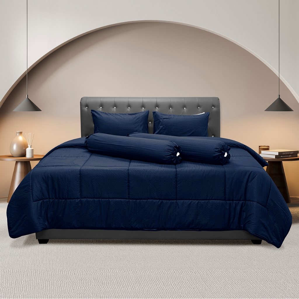 Picasso ชุดเครื่องนอน รุ่น Classic ลาย Fira สีน้ำเงิน ขนาด 6 ฟุต 6 ชิ้น ผ้าไมโครซาติน ทอ350 เส้น/ตร.