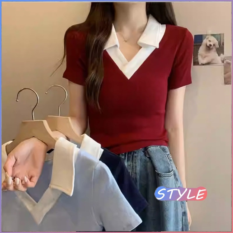 STYLE T702 เสื้อไหมพรมแขนสั้นผู้หญิง เสื้อคอตั้ง ผู้หญิง เสื้อยืดแขนสั้น สไตล์เกาหลี ดูดี เรียบหรู ใช้งานได้หลากหลา