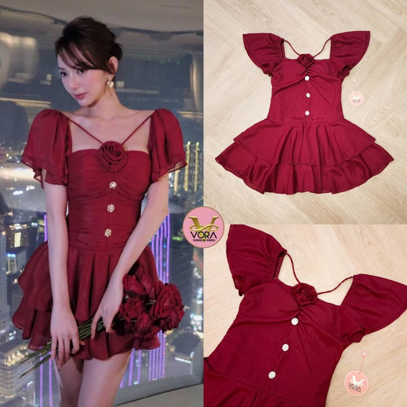 (Xs-L)Vora🎯Dress สั้น 🌟ชุดเดรสแขนระบาย แต่งสายไขว้ ทรงน่ารัก