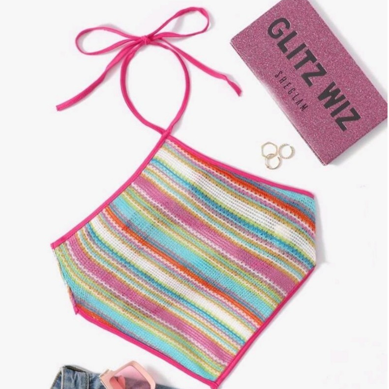 Crop TC2402 เสื้อครอป เปิดหลัง ผูกหลัง ลายแถบ คล้องคอ