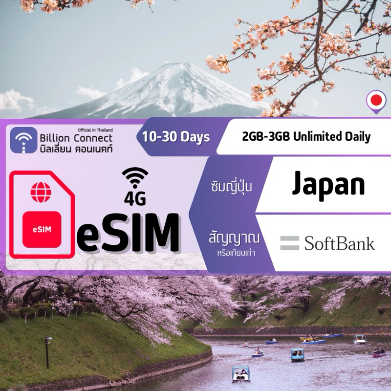 eSIM Japan Sim Card Unlimited Unlimited 2GB-3GBDaily สัญญาณ Softbank: ซิมญี่ปุ่น 10-30 วัน by Billio