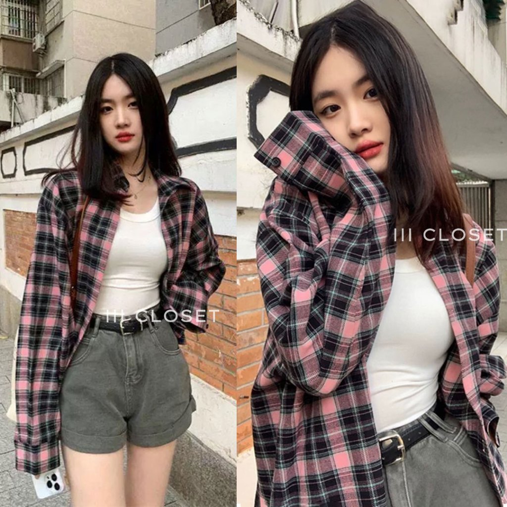 เสื้อเชิ้ต lll Freesize lll BA020 PINK คอปก แขนยาว ลายสก็อต ผ้าทอไหมญี่ปุ่น