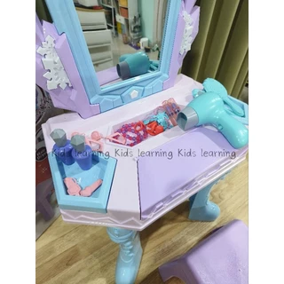 🏅Kids learning🏅ใหม่ โต๊ะแต่งหน้าเด็กลายเจ้าหญิงสีฟ้า มีเสียงมีไฟ ไดร์ใช้ได้จริง อุปกรณ์ 19 ชิ้น