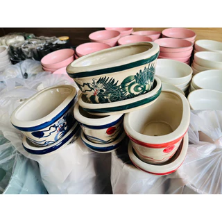กระถางเซรามิค กระถางบอนไซ ทรงรีวาดลายมังกร กว้าง5.7นิ้ว สูง3.5นิ้ว