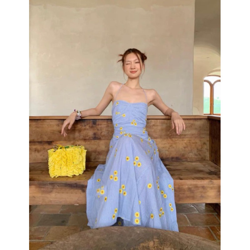 Mogwany พรี Sunflower Dress เดรสยาวสายเดี่ยวลายดอกทานตะวัน สวยน่ารักมาก ใส่เที่ยวคาเฟ่,ทะเล สวยมากค่า