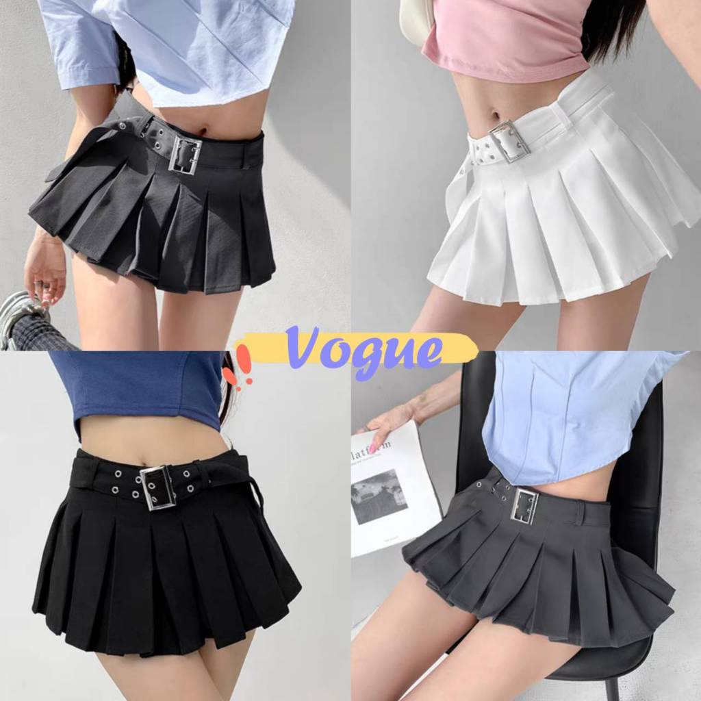 Vogue พร้อมส่ง กระโปรงสั้นเอวสูง แถมเข็มขัด ทรงพลีสใส่สบาย (2667) -NZ-XM