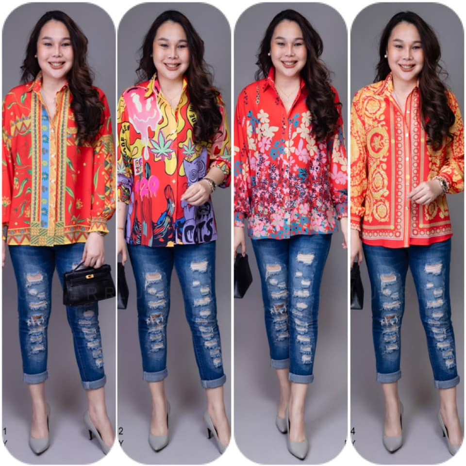 (อก44) B4071 BLUEBERRY NIGHTS เสื้อเชิ้ตแขนยาว ผ้าโพลีเอสเตอร์ผสมชีฟองพิมพ์ลายทั้งตัว ปลายแขนยางยืด