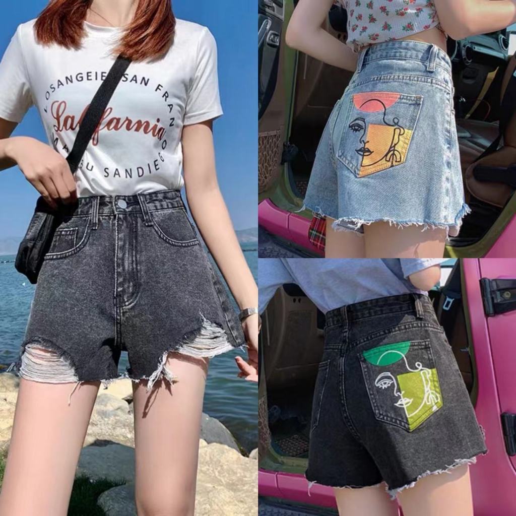 TAIWEI กางเกงยีนส์แฟนชั่น เอวสูง ขาสั้นสกรีนกระเป๋าหลัง ปลายขาดเก๋ๆ สไตล์เกาหลี #602