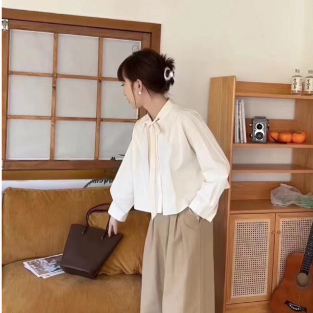 A43 เสื้อเชิ้ตครอปสไตล์เกาหลี ผ้าcotton คอกลมแต่งเชือกผูกเป็นโบว์ได้หรือปล่อยยาวก็ได้ งานสั่งตัดพรีเมี่ยม wanwanclothing