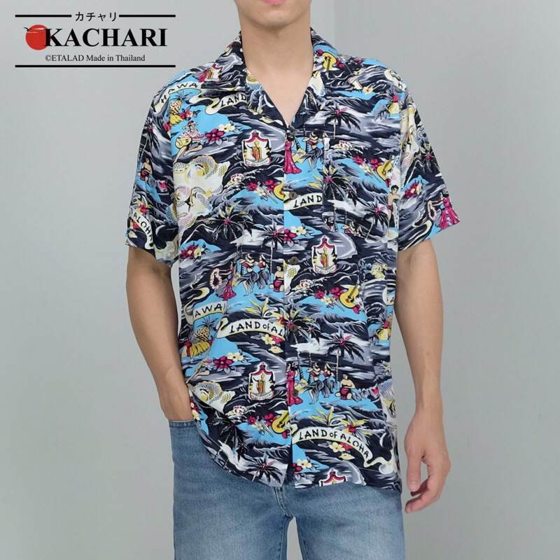 ส่งฟรี KACHARI เสื้อฮาวาย ผ้าเรยอน ลาย aloha สีดำ