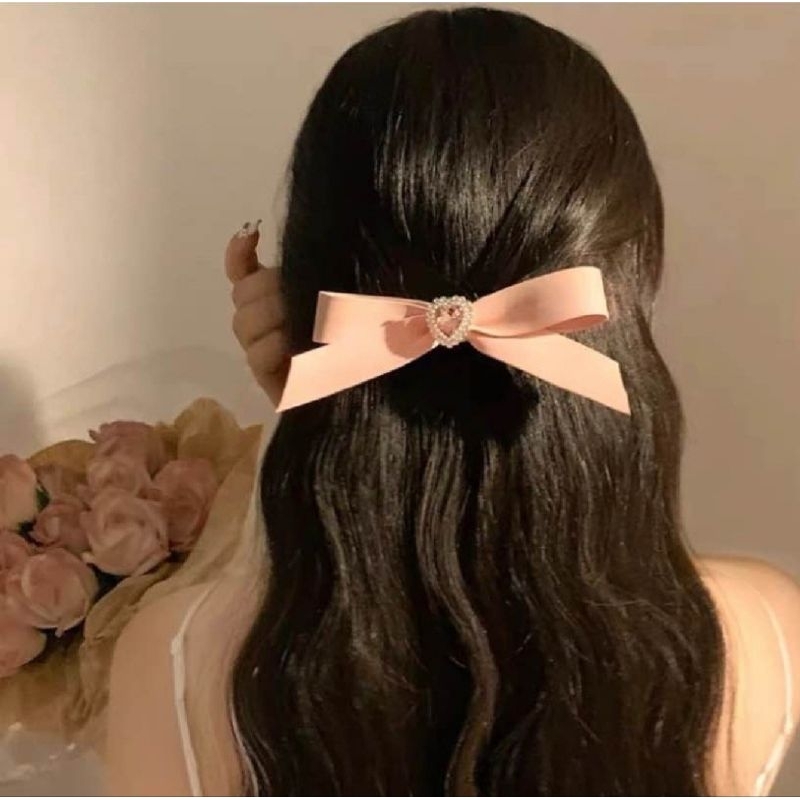 BOW02พร้อมส่ง กิ๊บติดผมหรูหรา สไตล์เกาหลี กิ๊บโบว์ประดับเพชรรูปหัวใจ หวานๆต้อนรับวาเลนไทน์