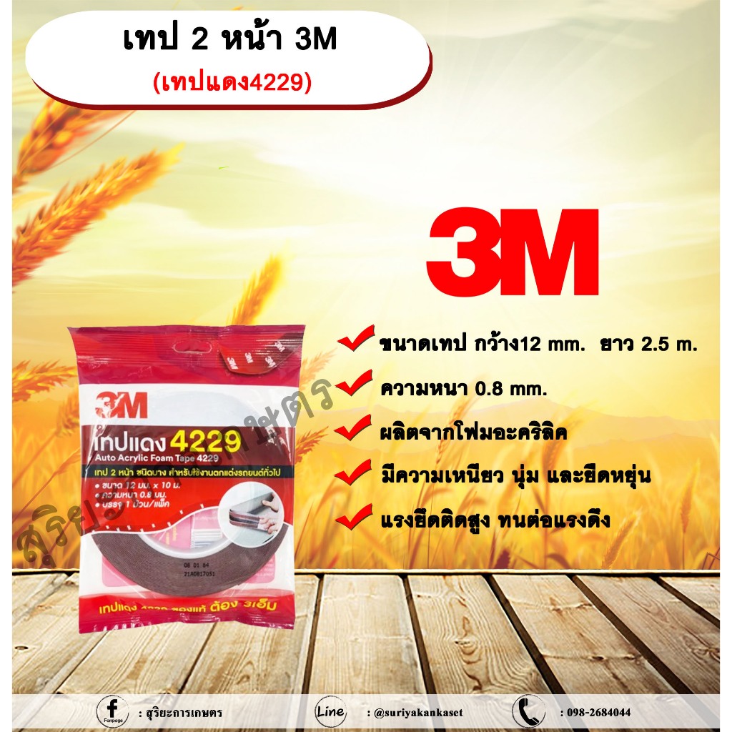 3M เทปแดง 4229 กาว 2 หน้า ชนิดบาง โฟมอะคริลิค หน้ากว้าง 12 มม. ยาว 2.5 เมตร ความหนา 0.8 มม. กาว 2 หน