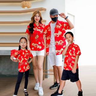 เสื้อเชิ้ตคอปกลายมังกร เสื้อครอบครัว ตรุษจีน มีไซส์เด็ก-ผู้ใ…
