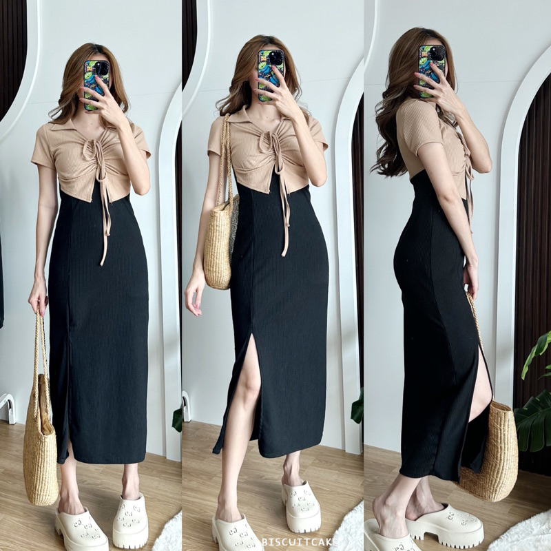 VIOLET DRESS ชุดเดรสแขนสั้นคอปกตัวยาวทูโทน มีเชือกรูดกลางอก ผ้าท็อปทวิล ราคา ถูกที่สุด ดีลบีเคเค แกลเลอรีภาพที่ 2