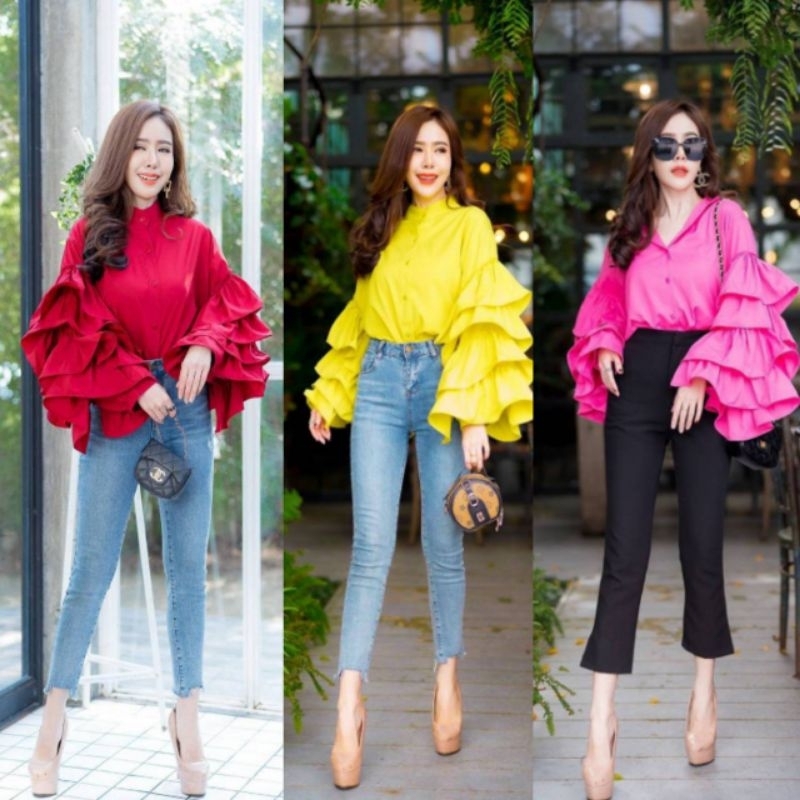 **สอบถามสีก่อนกดสั่ง**เสื้อเชิ้ตคอจีนแขนยาวกระดุมหน้าแต่งระบายสี่ชั้นหรูหราเวอร์วังอลังการมาก