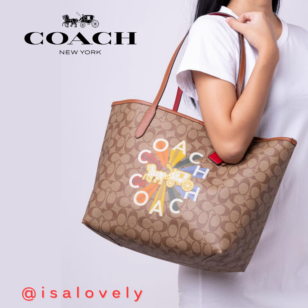 📌Isa Lovely Shop📌  Coach C6813 City Tote In Signature Canvas With Coach Radial Rainbow