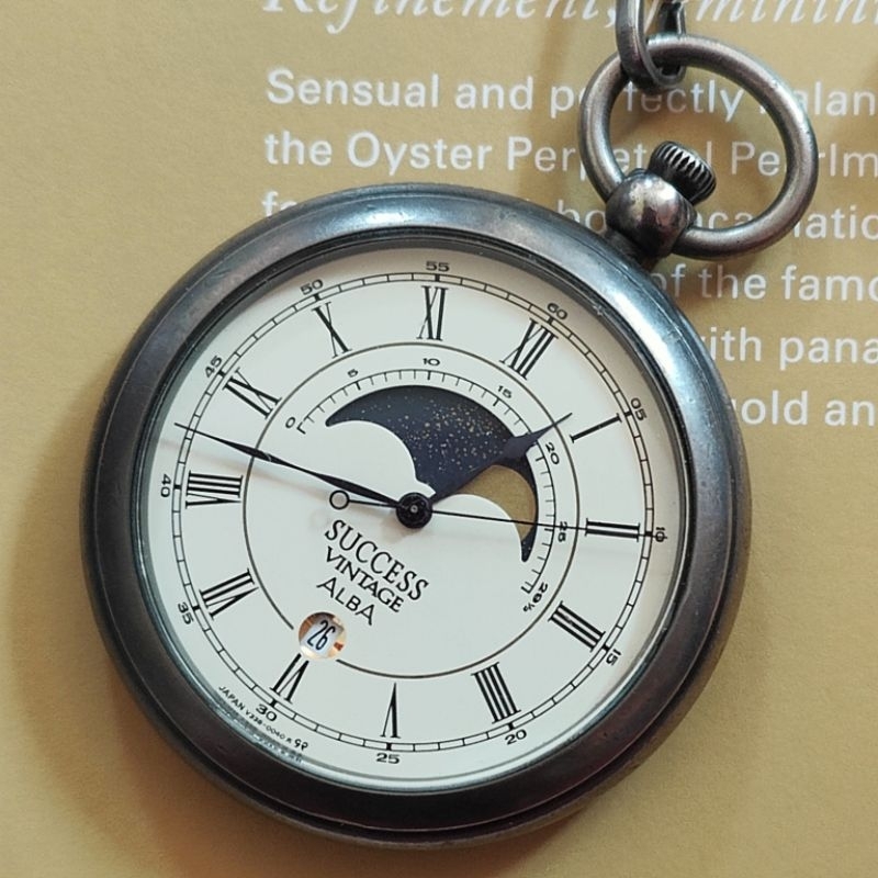 นาฬิกาญี่ปุ่น นาฬิกาพก หน้าพระจันทร์ Vintage Alba by Seiko ระบบถ่าน นาฬิกามือสอง สภาพสวย กระจกสวยใส หลักโรมัน เรียบหรู