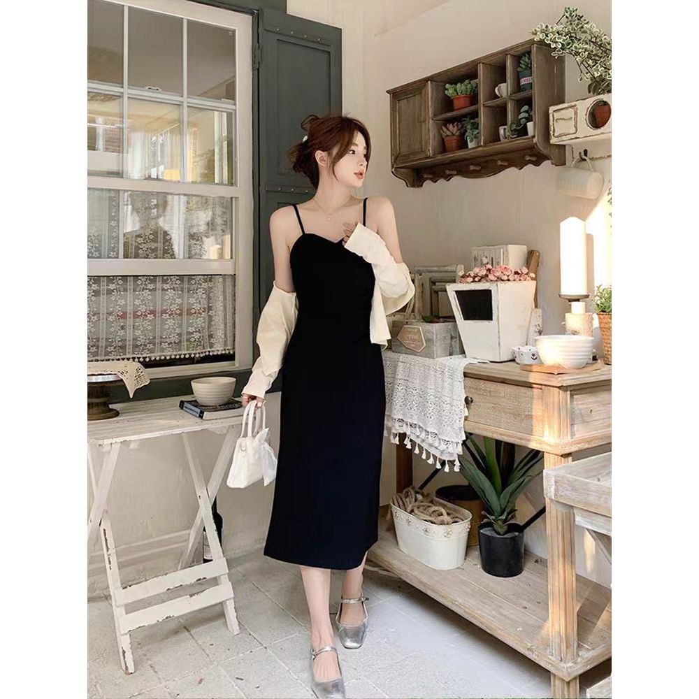 summer black กระโปรงทรงเอยาว เพิ่มขนาด แฟชั่น เสื้อผ้าแฟชั่นผู้หญิง เดรสสีดํา ไปทะเล น่ารักสไตล์เกาหลี