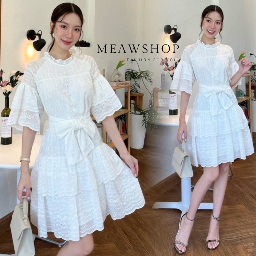 พร้อมส่ง SML เดรสลูกไม้ ฉลุ ชุดทำบุญ ชุดงานบวช ชุดไปวัด ชุดเพื่อนเจ้าสาว ชุดงานหมั้น ชุดถ่ายพรี Jry