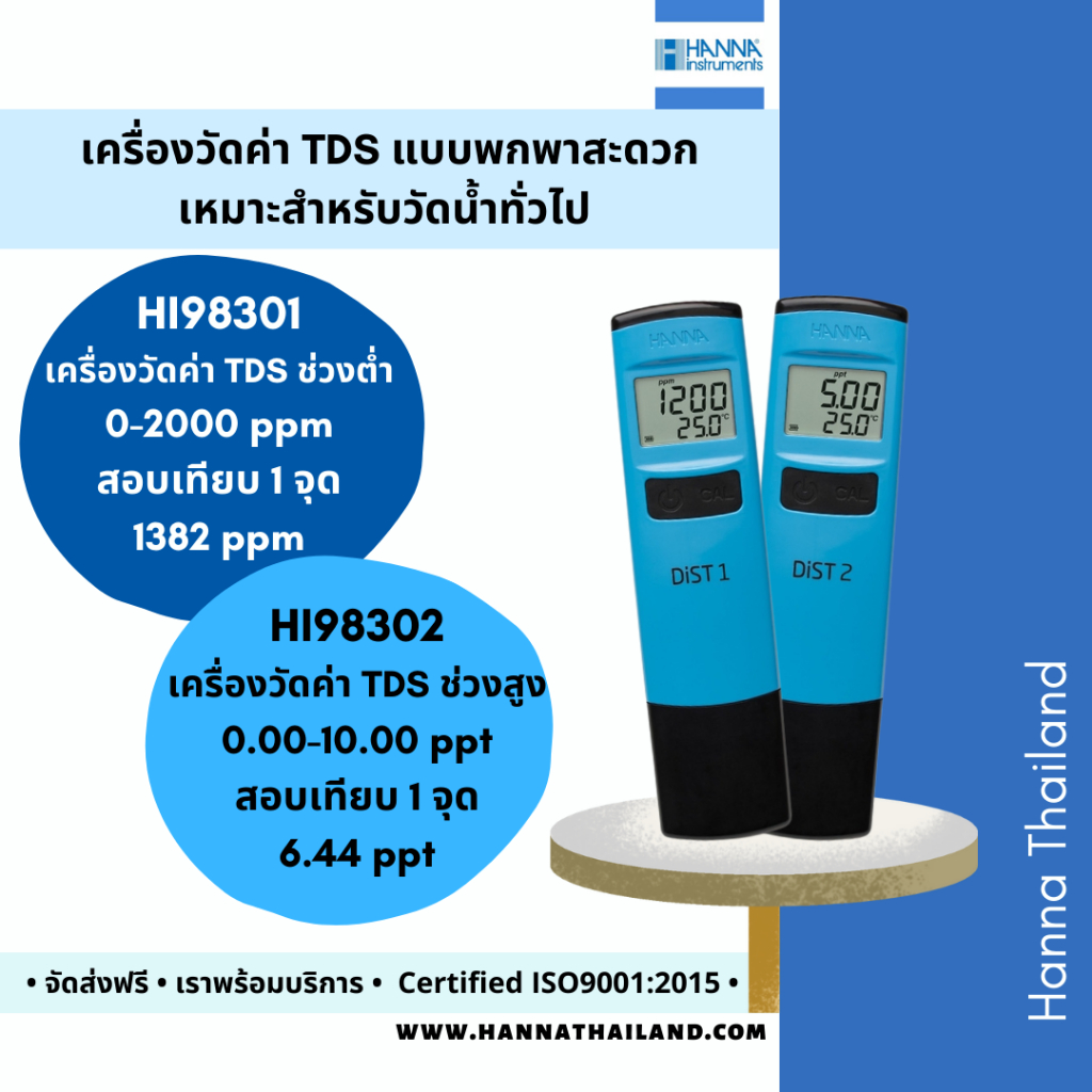 เครื่องวัดค่า TDS ช่วงต่ำและช่วงสูง รุ่น HI98301 & HI98302 ยี่ห้อ Hanna