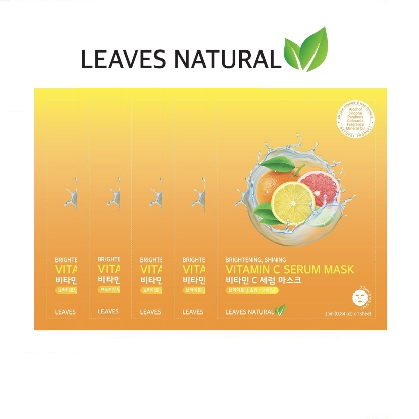 [แพค5แผ่น] LEAVES NATURAL Vitamin C Serum Mask มาส์กหน้าวิตามินซี ช่วยลดจุด ให้ผิวกระจ่างใส