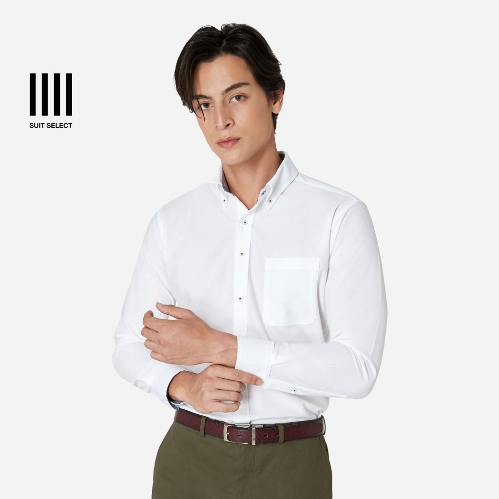 SUIT SELECT 4S Non-iron Dobby Shirt (White) เสื้อเชิ้ตสีขาว ซักเครื่องได้และไม่ต้องรีด