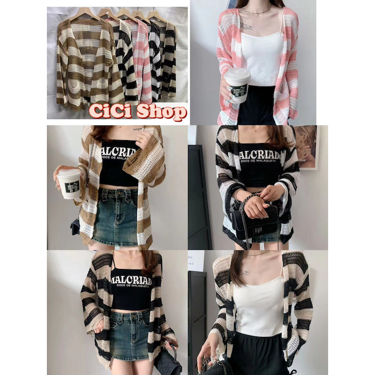 Cicishop(1122)เสื้อคลุมผ้าถักตาข่าย ดีเทลกระเป๋าด้านหน้าสามารถใช้งานได้จริงสไตล์เกาหลี