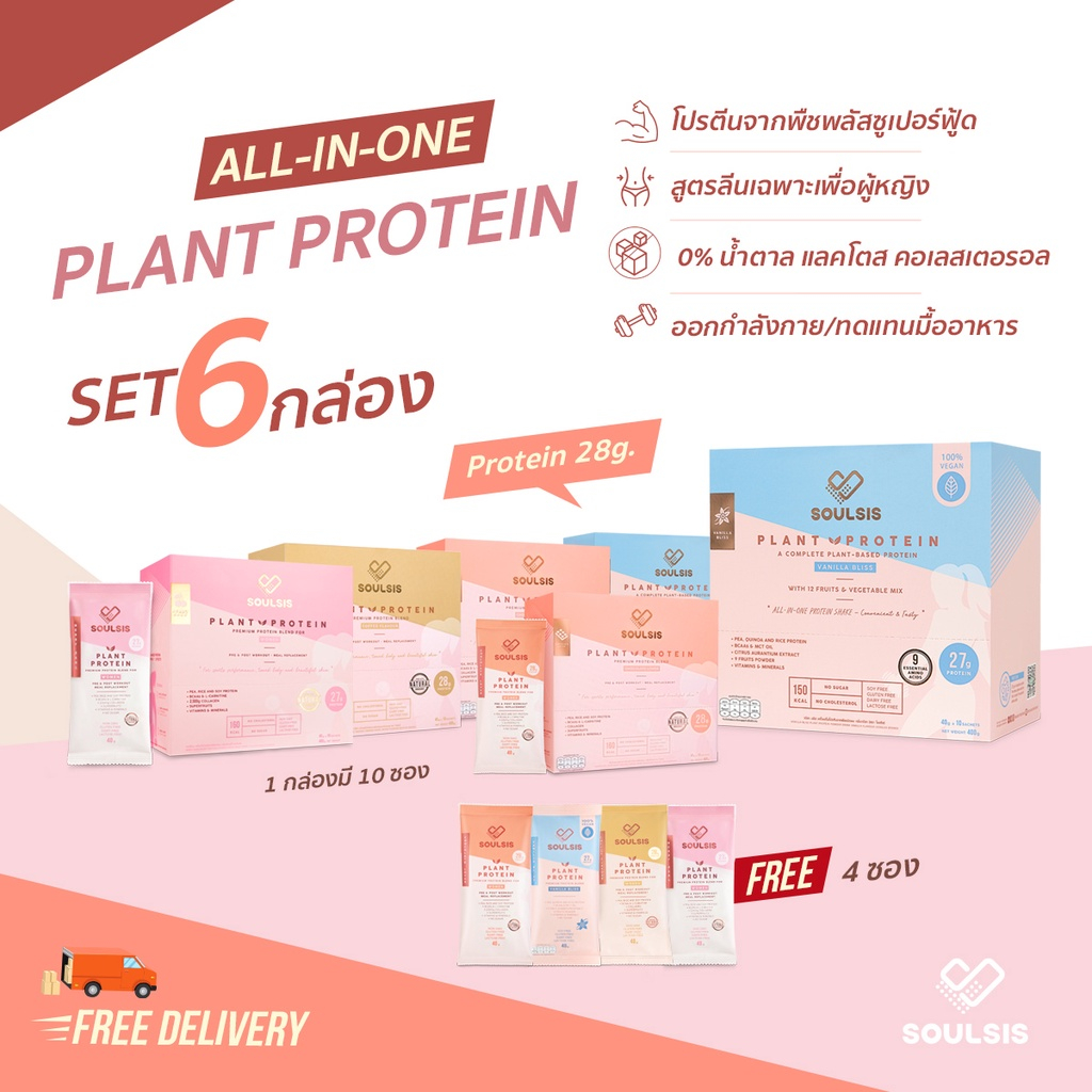 SOULSIS Plant Protein โปรตีนพืช 6กล่อง เพิ่มกล้ามเนื้อ ลีนไขมัน ก่อน/หลัง ออกกำลังกาย แทนมื้ออาหาร