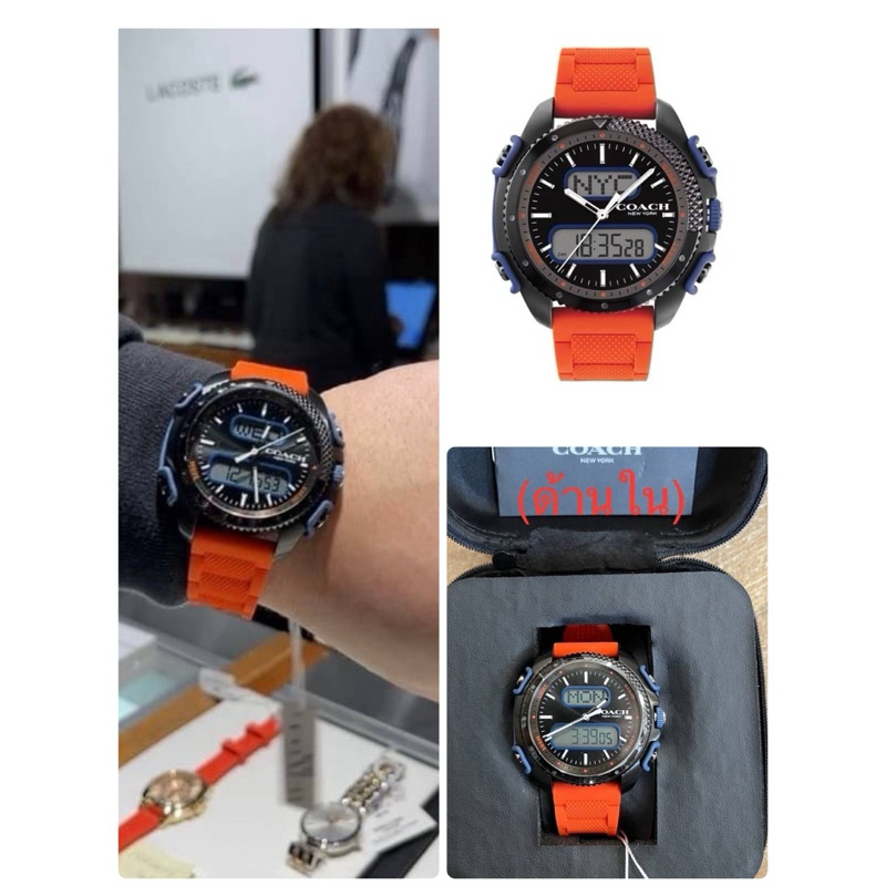 (ผ่อน0%) นาฬิกาชาย Coach Black Dial Silicone Strap Men's Watch 14602507 สายซิลิโคนสีส้ม หน้าปัดกลม 46 มม.