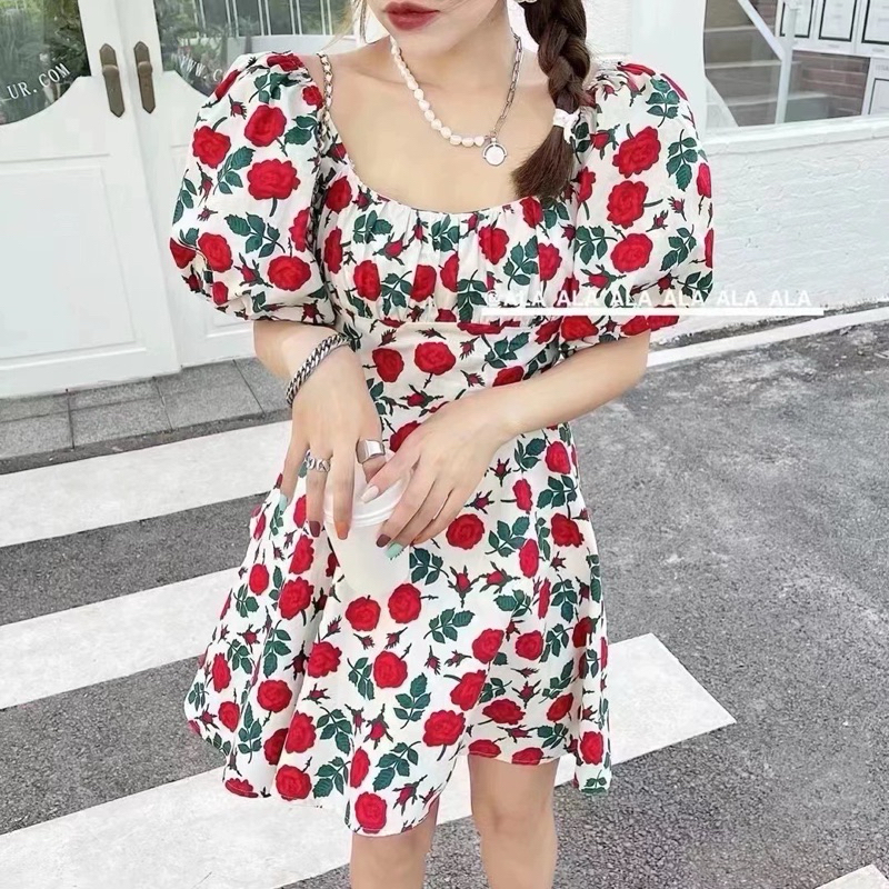 Pizza outfit เดรสเกาหลี สำหรับสาวอวบ ทรงเอ แขนตุ๊กตาปาดไหล่ได้ ผ้าคอตตอลเนื้อดี