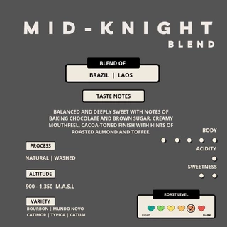 เมล็ดกาแฟ Mid-Knight Blend เมล็ดกาแฟ Blend of Brazil & Laos อราบิก้า 100% คั่วใหม่ < Dark Roast >