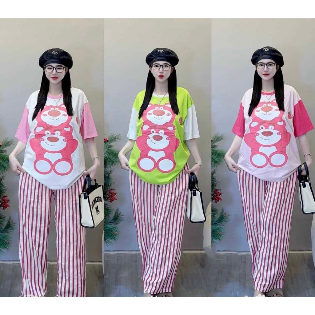 SGH0225 ชุดเซ็ทน้องหมี เสื้อยืดแขนสั้น สกรีนลายการ์ตูน + กางเกงขายาว ลายทาง งานน่ารักมากๆ