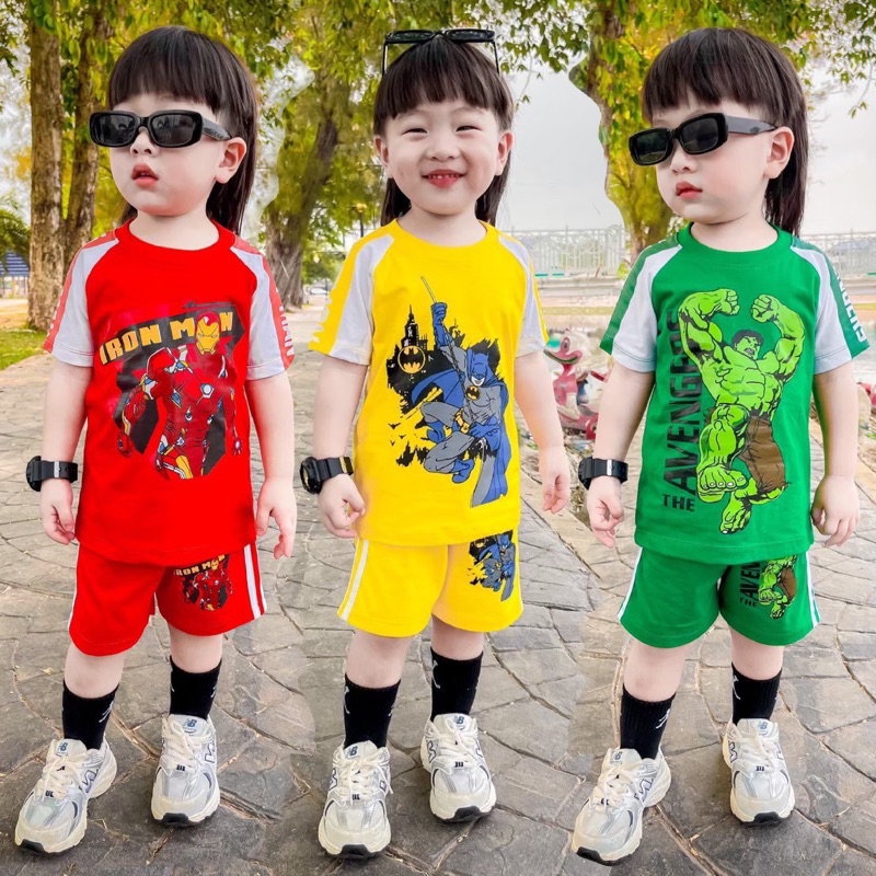 ชุดเซ็ทรุ่นสโลป เสื้อแขนสั้น+กางเกงขาสั้น ชุดเด็ก ลายซุปเปอร์ฮีโร่ ผ้าCotton100%