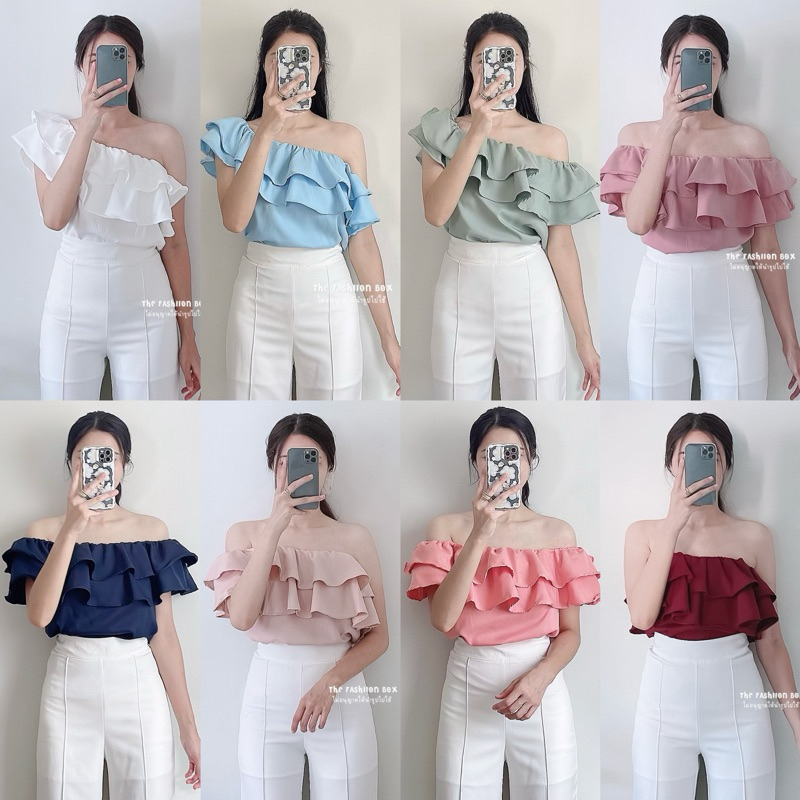 LALA TOP (9 สี พร้อมส่ง‼️)เสื้อปาดไหล่ ระบาย 2 ชั้น