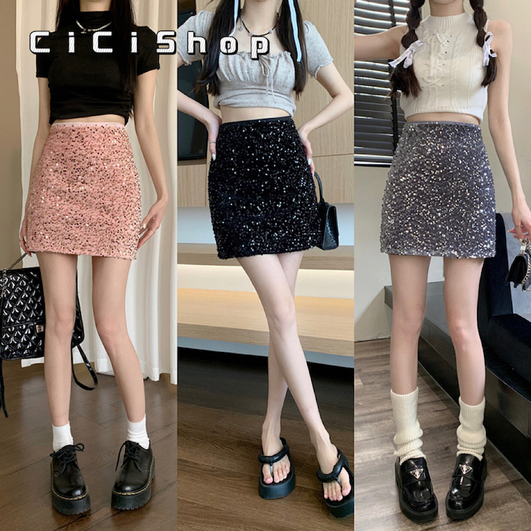 Cicishop(New8021)กระโปรงสั้นทรงเอผ้ากำมะหยี่ประดับเลื่อม ดีเทลซิปรูดด้านหลัง ซับชีฟองสไตล์อเมริกันเหมาะสำหรับทุกโอกาส
