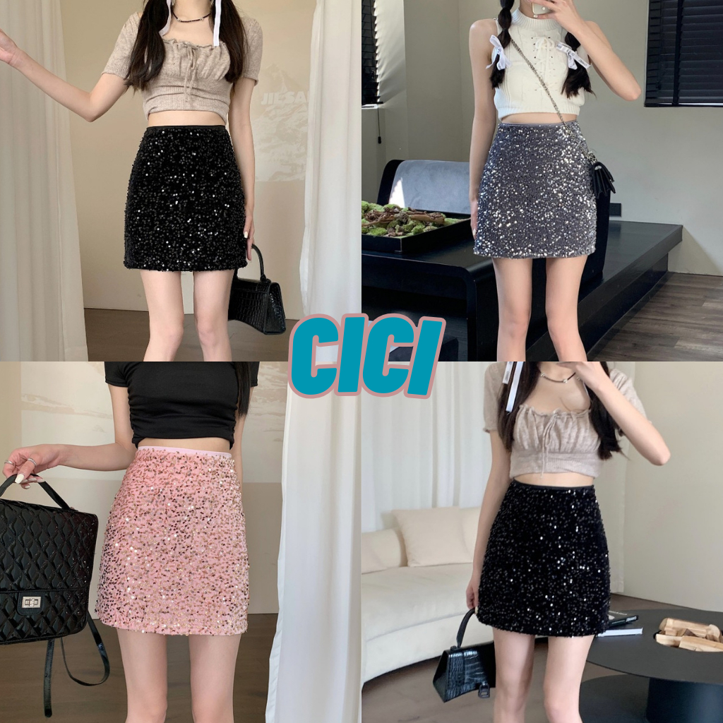 ส่งทันที Cici(NO. New8021)กระโปรงสั้นทรงเอผ้ากำมะหยี่ประดับเลื่อม ดีเทลซิปรูดด้านหลัง ซับชีฟอง สไตล์อเมริกัน