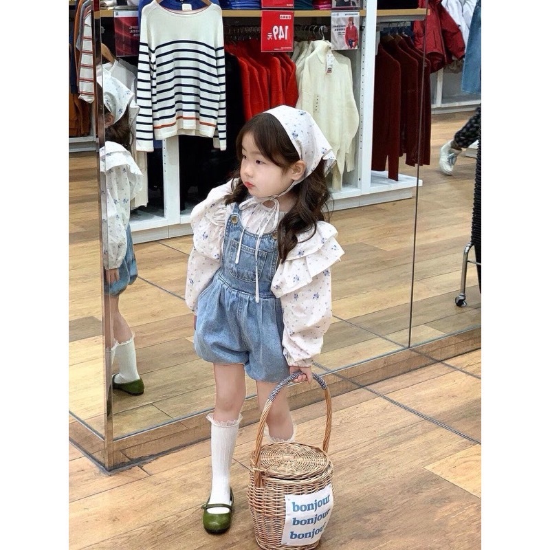B181 ชุดเอี้ยมเด็กกางเกงยีนส์+เสื้อ+ผ้าคลุมผม