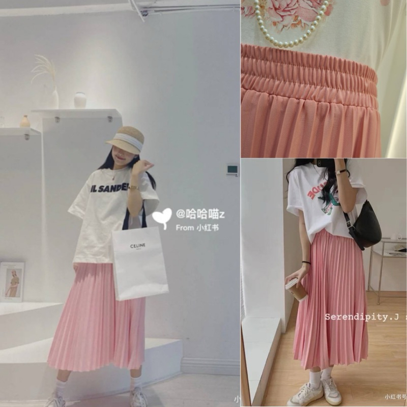 Teeda กระโปรงจีบรอบ สีชมพูหวานๆ อัดกลีบมาให้เรียบร้อย ใส่กับเสื้อยืดoversizeคือเริ่ด