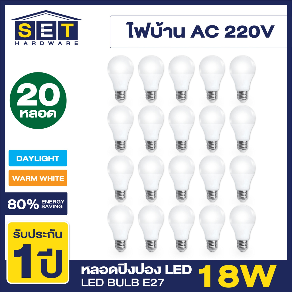 ชุด 20 หลอด หลอดไฟ LED 18W แสงสีขาว/แสงสีวอร์ม หลอดไฟแอลอีดี หลอดปิงปอง ทรงกลมขั้วเกลียว E27 ใช้ไฟบ้าน 220V led