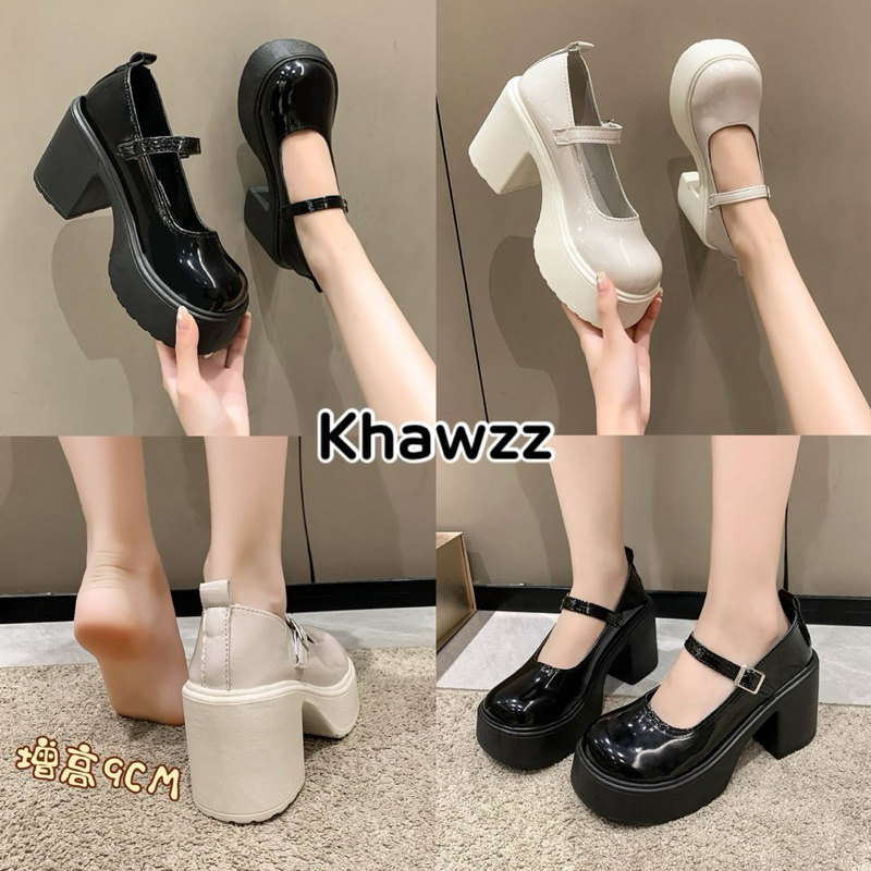 Khawzzส่งเร็ว💨รองเท้าหนัง แมรี่เจน หัวมนส้นหนาสูง 9 ซม.(36-40) ลุคคุณหนู สาวญี่ปุ่น สไตล์แฟชั่นคลาสสิค🚚พร้อมส่งจากไทย💨