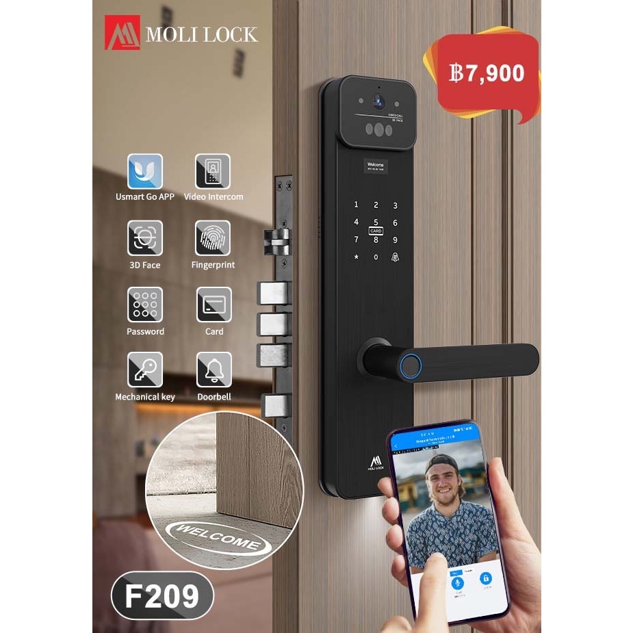 รุ่นใหม่ปี2025 Digtial Door Lock กลอนประตูดิจิตอล รุ่น F209 WiFi Facescan ปลดล็อคทางไกล