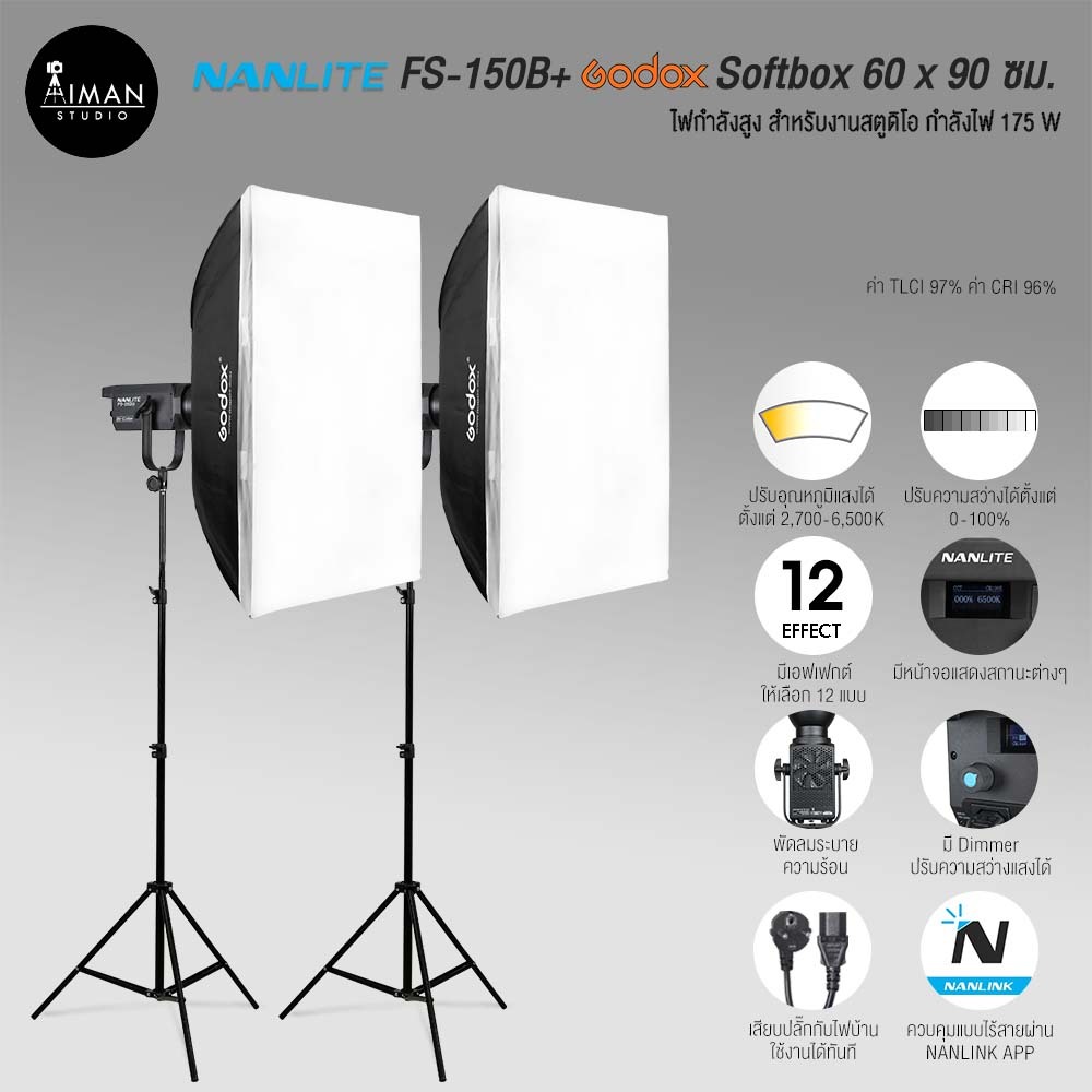 ไฟ Softbox NANLITE FS-150B พร้อมตัวกรองแสง Godox SB-BW Quad Softbox ขนาด 60x90 ซม. ชุดคู่