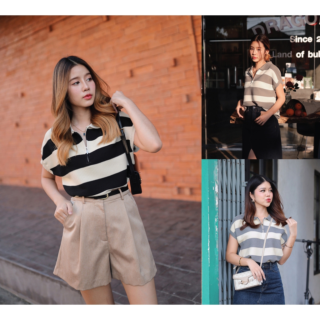 เสื้อนิตติ้งคอปกซิปลายขวาง มี 4 สี : สีดำ , สีเทา , สีน้ำตาลเทา , สีน้ำตาลเหลือง