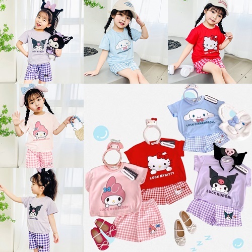 [ML] ชุดเสื้อยืด กางเกงขาสั้น ลายการ์ตูน Hello Kitty Kuromi Melody Cinnamon Dog สี่สี แฟชั่นฤดูร้อน สําหรับเด็กผู้หญิง 90-140 ซม.
