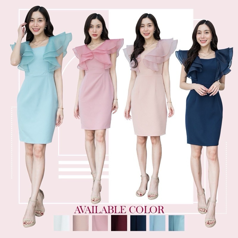 ชุดออกงาน ชุดราตรี F062 เดรสสั้นผ้าบาบี้ ระบายออแกนดี้2ชั้น