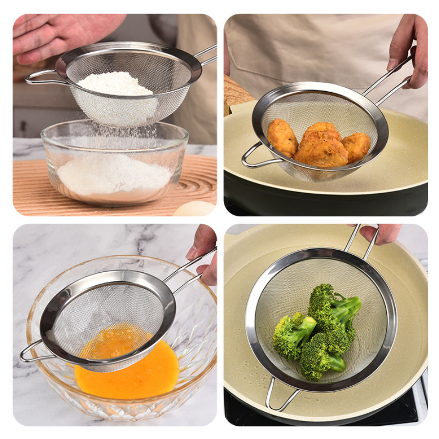 กระชอนสแตนเลส ขอบหนา 8cm. / 12 cm. กรองน้ำมัน ร่อนแป้ง อุปกรณ์ทำขนม เบเกอรี่ กรองเก๊กฮวย อาหาร - รูปที่ 4