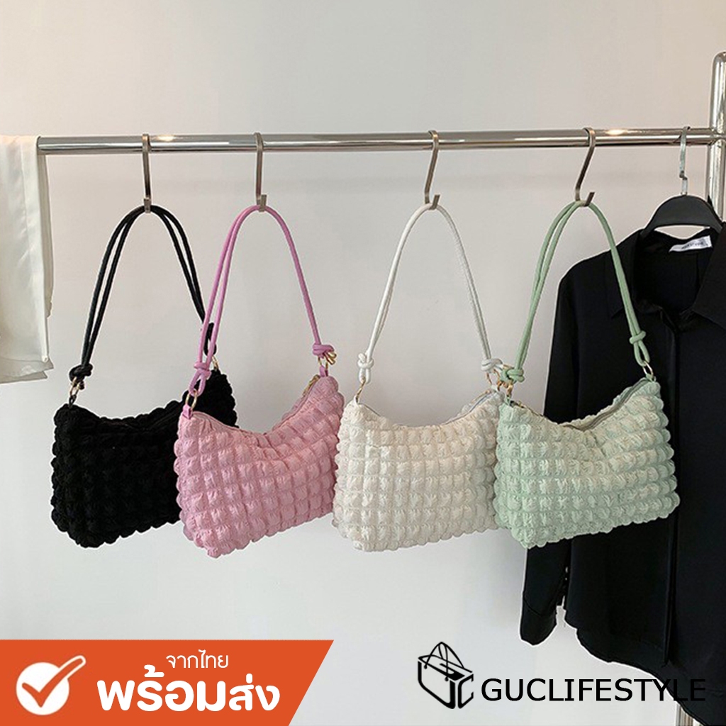 GUCSELECTED(B1880) กระเป๋าสะพายไหล่ผ้าย่น เป็นสายหนัง สไตล์เกาหลี