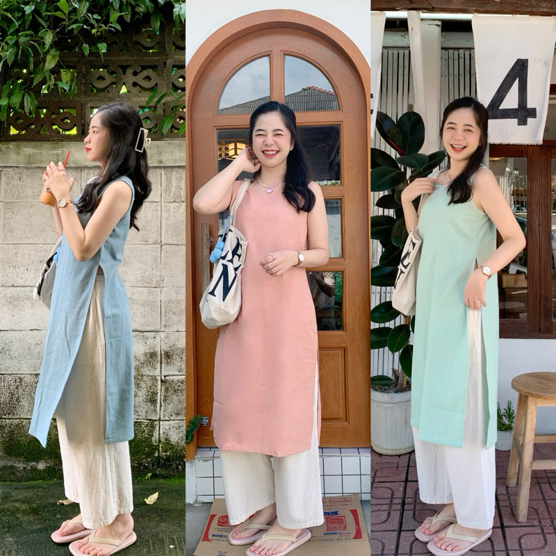 𝑆𝑎𝑖𝑙𝑜𝑚 (ขายแยกชิ้นค่ะ)เดรสแขนกุดแหวกด้านข้างผ้าฝ้าย