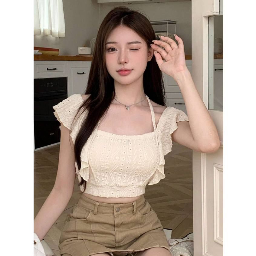 EZshop เสื้อยืดผู้หญิง ขอบใบบัว ผูกด้านหลัง ปักตาไก่ เรียบง่าย🇹🇭พร้อมส่ง